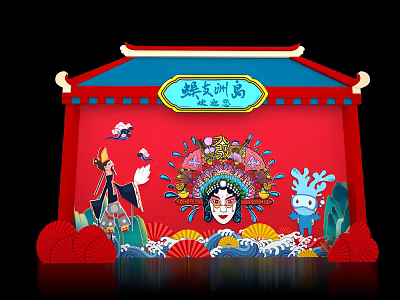 Traditional Decorative Scene With Red Background Chinese Opera Mask Fans And Deer Figure 3d model