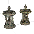 Two Decorative Vessels With Intricate Carvings Detailed Patterns And Gold Accents
