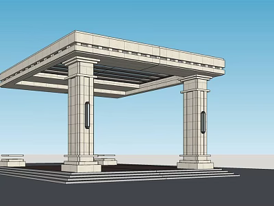 Traditional Stone Pavilion With Ornate Columns Roof Structure Steps And Benches 3d model