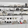 Organized Kitchenware Display On Shelves With White Cabinets And Ceramic Dishes