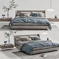 Stylish Double Bed with Blue Bedspread Light Gray Headboard Decorative Pillows and Nightstands 3d model