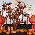 Traditional Chinese New Year Art Installation With Red Lanterns Fireworks Fu Characters And Gold Ingots