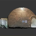 Cartoon Scene of Stone Room with Archway Old Cannon Cart Wooden Ladder and Barrel