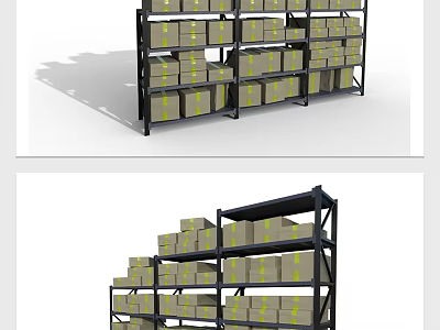 Multi Tiered Storage Display Shelves Loaded With Boxes Having Yellow Labels 3d model