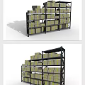 Multi Tiered Storage Display Shelves Loaded With Boxes Having Yellow Labels