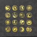 Golden Circular Sculpture Carvings With Sun Moon Cloud Patterns Arranged On Dark Blue Background