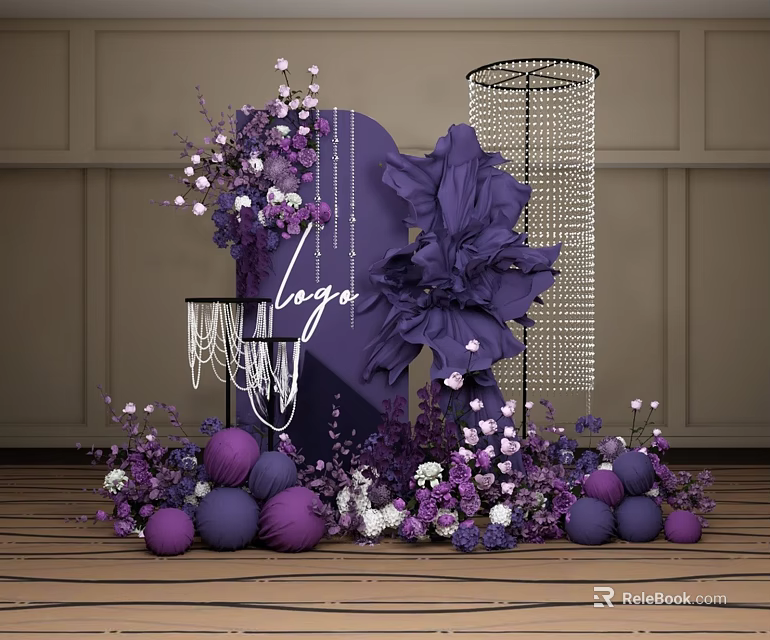 Elegant Floral Display With Purple White Flowers Purple Balls Black Structure And Crystal Column Decorations 3d model 