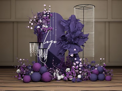 Elegant Floral Display With Purple White Flowers Purple Balls Black Structure And Crystal Column Decorations 3d model