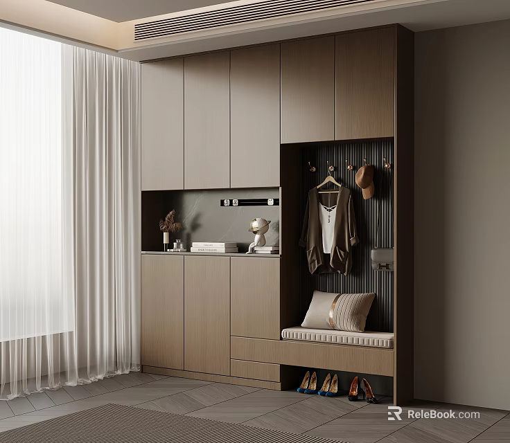 Modern Shoe Cabinet with Clothing Hanging Area Shoe Changing Stool and Storage Cabinets Design 3d model 