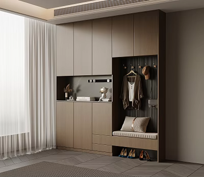 Modern Shoe Cabinet with Clothing Hanging Area Shoe Changing Stool and Storage Cabinets Design 3d model