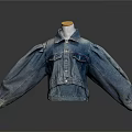 Stylish Cropped Denim Jacket With Puffed Sleeves Buttoned Front And Pockets