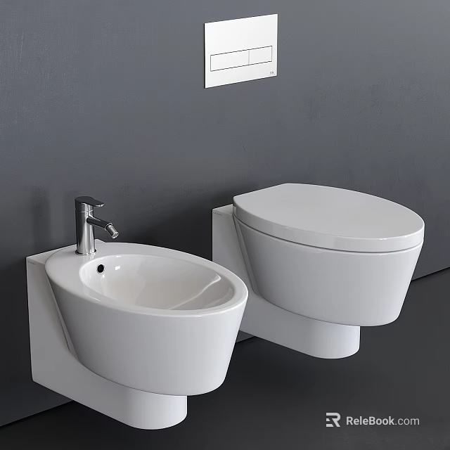 Modern Bathroom Interior Featuring Wall Mounted White Toilet And Bidet On Gray Wall 3d model 