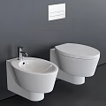 Modern Bathroom Interior Featuring Wall Mounted White Toilet And Bidet On Gray Wall