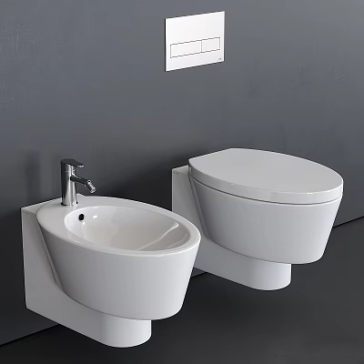 Modern Bathroom Interior Featuring Wall Mounted White Toilet And Bidet On Gray Wall 3d model