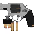 Silver Revolver With Open Cylinder And Bullets On Gray Surface