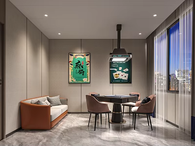 Modern Hotel Mahjong Room With Comfortable Sofa Mahjong Table And City View Window 3d model