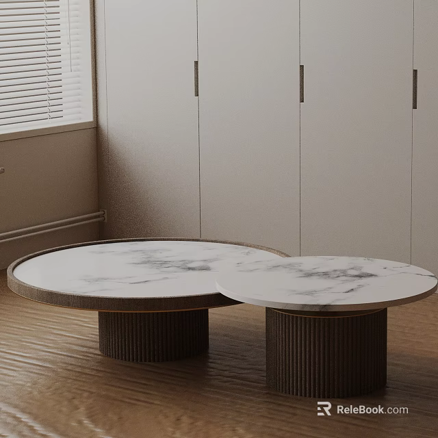 Elegant Modern Sofa Coffee Table Set With Round Marble Tops And Wooden Bases 3d model 