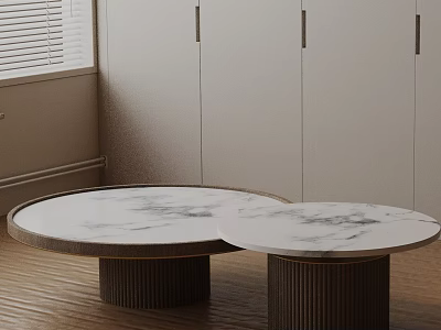 Elegant Modern Sofa Coffee Table Set With Round Marble Tops And Wooden Bases 3d model