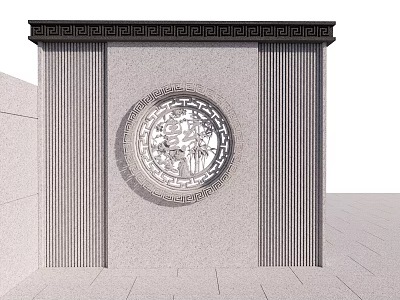 Traditional Gray Stone Feature Wall With Circular Relief And Flanking Pillars 3d model