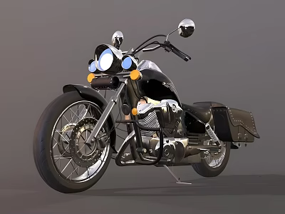 Classic Black Cruiser Motorcycle With Chrome Headlights Side Saddlebags And Shiny Wheels 3d model