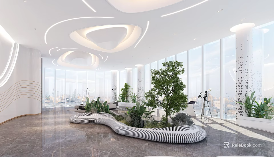 Modern Reception Area Interior Design With Curved Ceiling Glass Windows Marble Flooring And Green Plants 3d model 