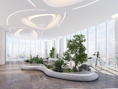 Modern Reception Area Interior Design With Curved Ceiling Glass Windows Marble Flooring And Green Plants 3d model