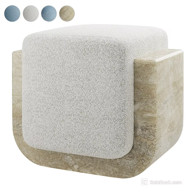 Modern Square Stool With Soft Light Gray Fabric And Beige Stone Base 3d model 