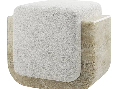 Modern Square Stool With Soft Light Gray Fabric And Beige Stone Base 3d model