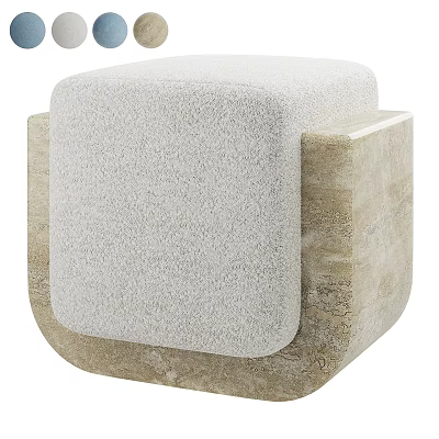 Modern Square Stool With Soft Light Gray Fabric And Beige Stone Base 3d model
