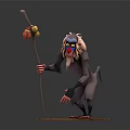 Anthropomorphic Baboon Character Holding Staff With Fruits 3D Model Standing On Base