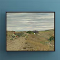 Scenic Landscape Painting With Blue Sky White Clouds Rolling Sand Dunes and Lush Bushes