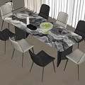 Modern Dining Table Set With Marble Top Six Leather Chairs And Fruit Bowl Decor