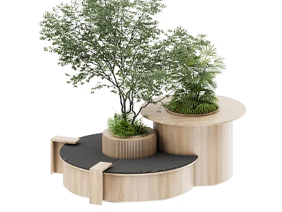 Wooden Circular Tree Planter Design With Green Plants And Modern Structure 3d model