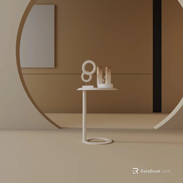 Modern White Side Table With Circular Base And Decorative Hoop Candles On Beige Wall Background 3d model