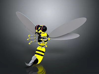 Mechanical Robotic Bee Featuring Yellow Black Stripes Metallic Body And Transparent Wings 3d model