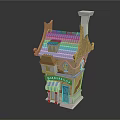 Cartoon Style Yellow Building Scene With Blue Roof Chimney And Striped Awning Windows Blue Door