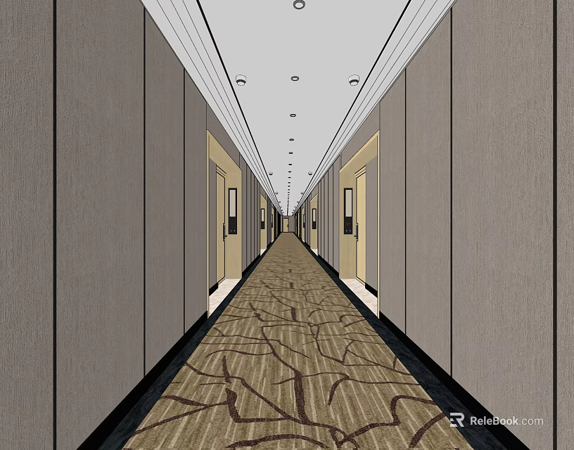 Long Elevator Hallway With Patterned Carpet Gray Walls And Ceiling Lighting 3d model 