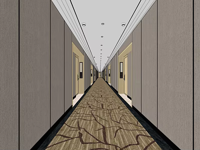 Long Elevator Hallway With Patterned Carpet Gray Walls And Ceiling Lighting 3d model