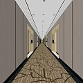 Long Elevator Hallway With Patterned Carpet Gray Walls And Ceiling Lighting 3d model