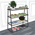 Multi Tiered Metal Shoe Rack With Various Colored Shoes Green Plants And Indoor Home Decor