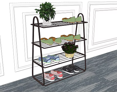 Multi Tiered Metal Shoe Rack With Various Colored Shoes Green Plants And Indoor Home Decor 3d model
