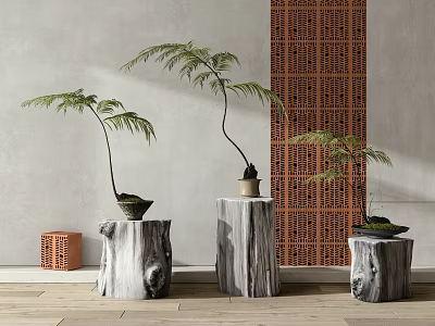 Bonsai Potted Plants Placed On Wooden Stumps With Woven Screen In Natural Interior 3d model