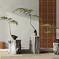Bonsai Potted Plants Placed On Wooden Stumps With Woven Screen In Natural Interior