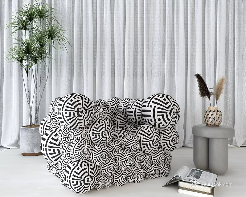 Chic Accent Chair With Black And White Geometric Pattern White Curtains Green Plant Side Table 3d model 