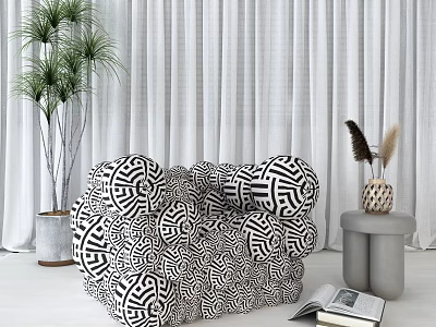 Chic Accent Chair With Black And White Geometric Pattern White Curtains Green Plant Side Table 3d model