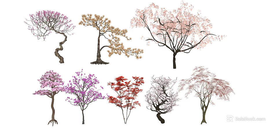 Diverse Arbor Trees With Various Forms Colors Blooms And Curved Straight Branches 3d model 