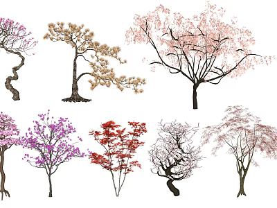 Diverse Arbor Trees With Various Forms Colors Blooms And Curved Straight Branches 3d model
