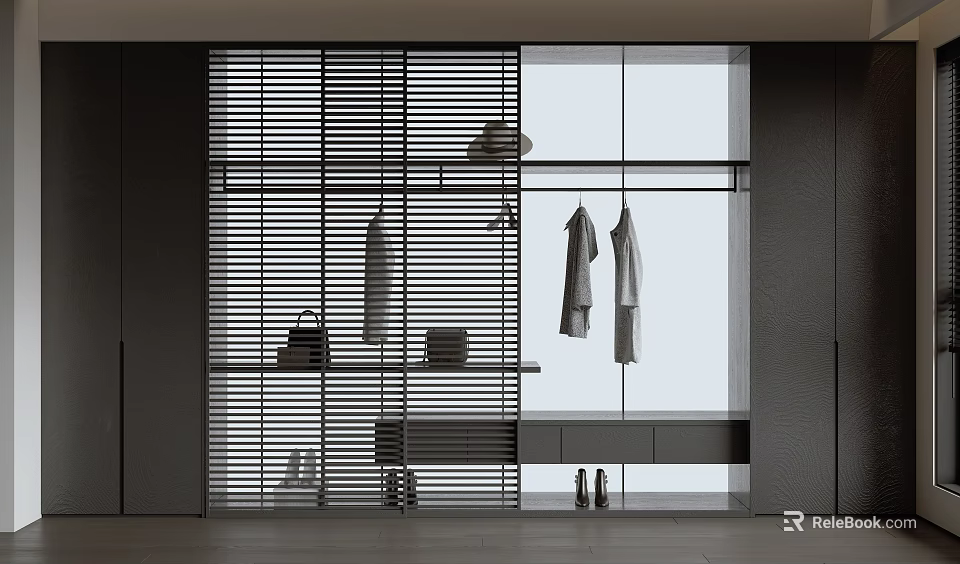 Modern Open Wardrobe With Striped Blinds Clothes Hanging Area Drawers Shoes And Bags Storage 3d model 