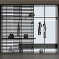 Modern Open Wardrobe With Striped Blinds Clothes Hanging Area Drawers Shoes And Bags Storage