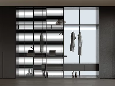 Modern Open Wardrobe With Striped Blinds Clothes Hanging Area Drawers Shoes And Bags Storage 3d model